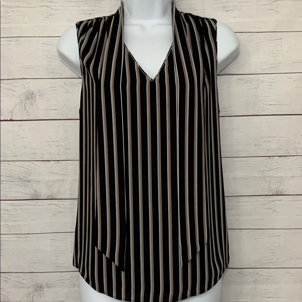 EUC WHBM Silky Striped Lined Sleeveless Blouse Silver Beaded Neckline with Tie
